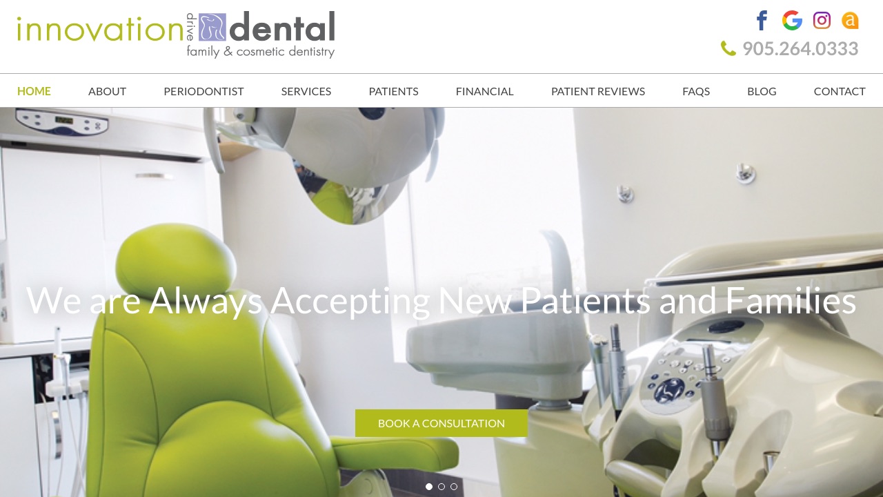 The practice's previous website: ten competing menu items and pale text over a busy photo of a treatment room.