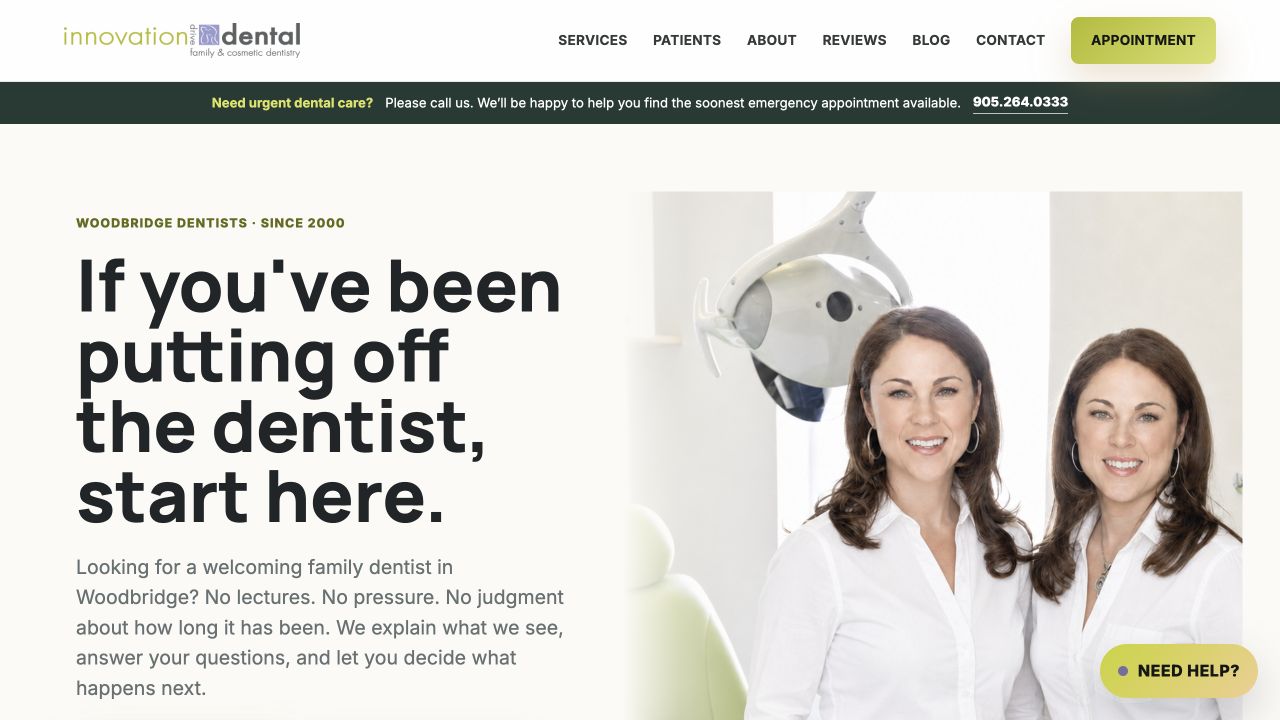 Innovation Drive Dental homepage with clear patient information and an appointment call to action